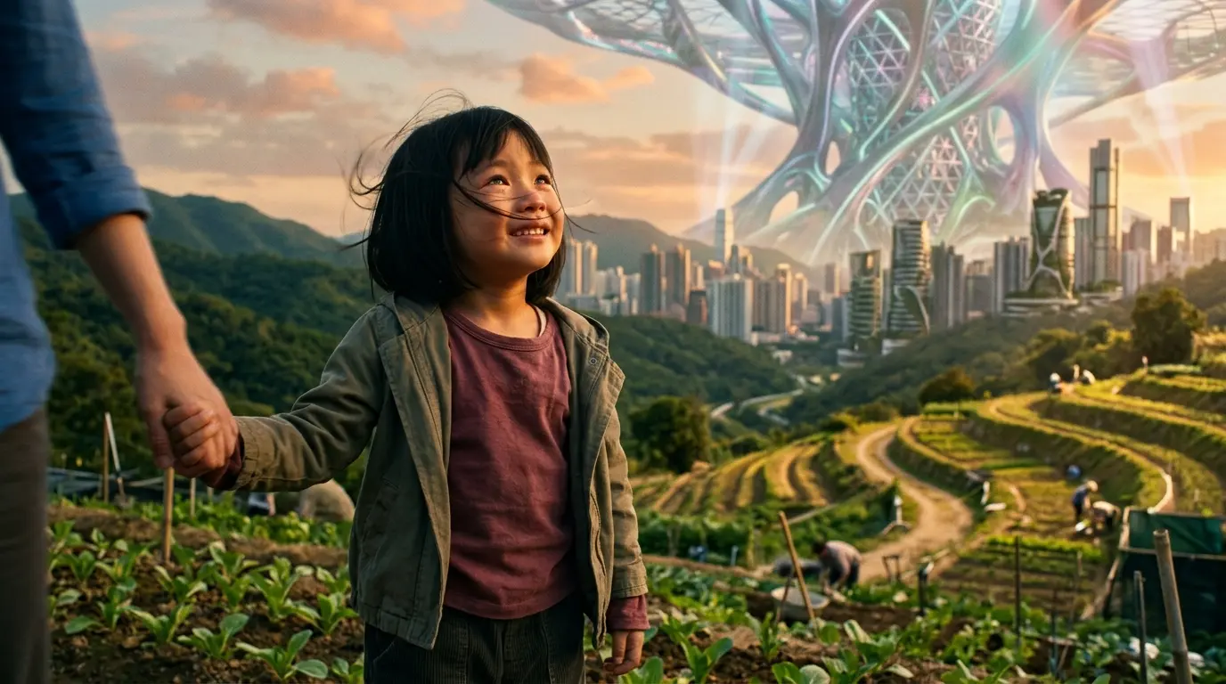 Young Kira looks up as the Library arrives over Hong Kong